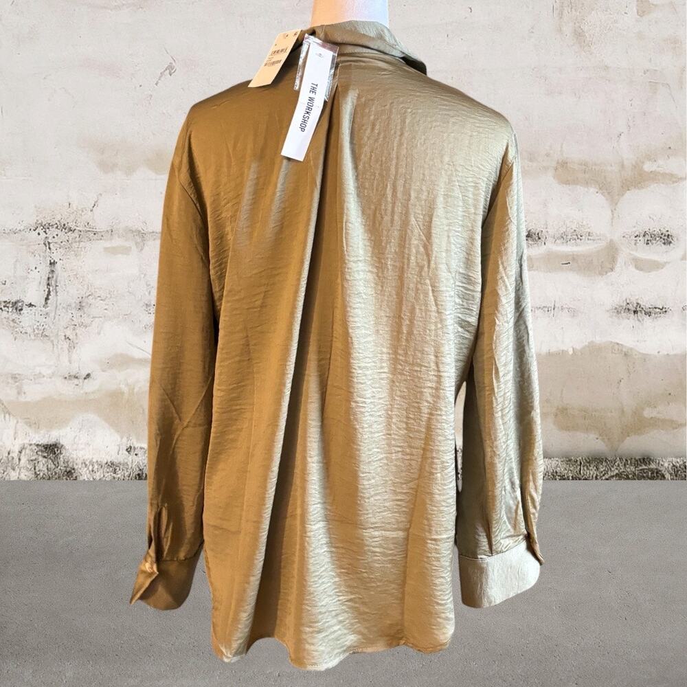 The Workshop Women’s Silky Satin Button Down Shirt in Olive Green Medium NWT - Picture 5 of 7
